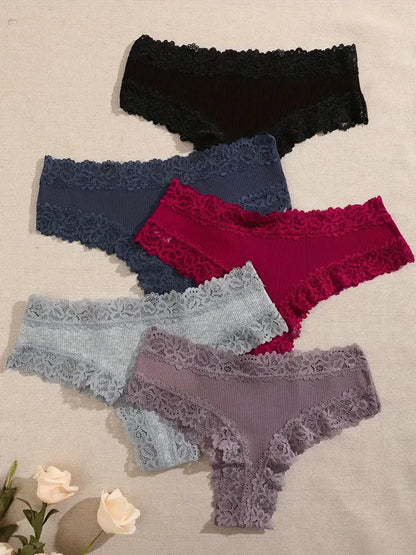 5pcs women’s cotton floral lace panties set with soft patchwork briefs