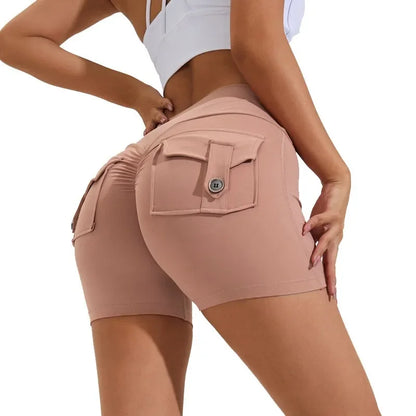 Women’s peach butt cargo yoga pants with air-dry pockets – breathable three-quarter fitness shorts