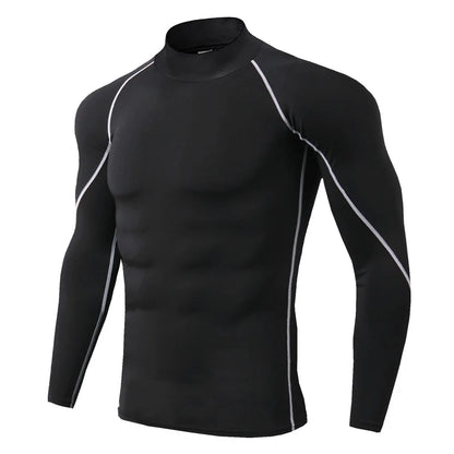 Black long-sleeve athletic shirt with white accents on a white background