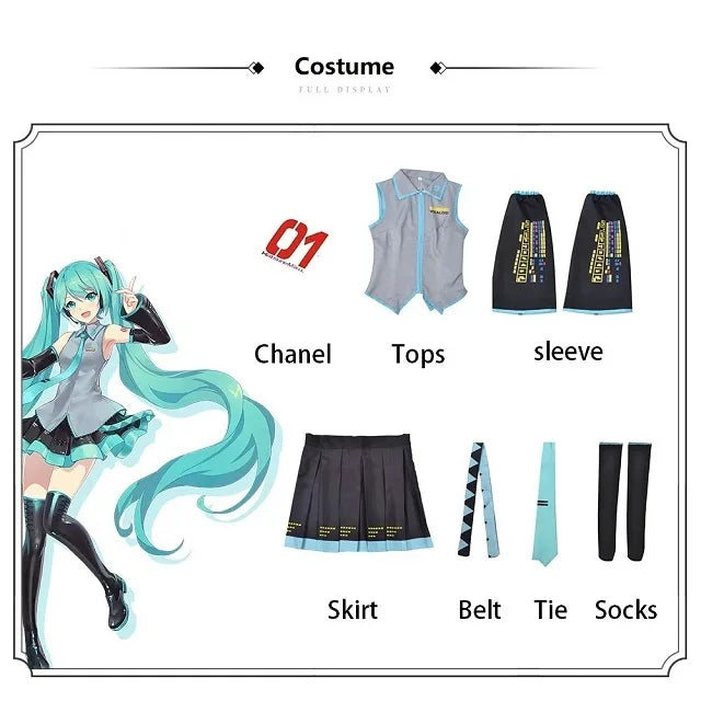 Costume set with individual components labeled and an anime character illustration.