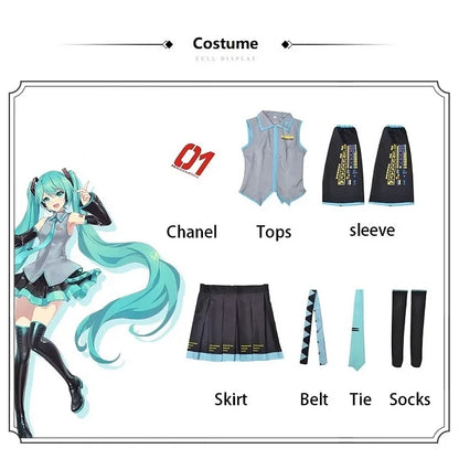 Costume set with individual components labeled and an anime character illustration.