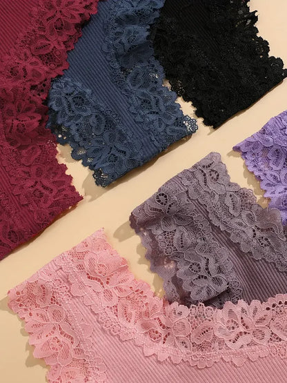 5pcs women’s cotton floral lace panties set with soft patchwork briefs