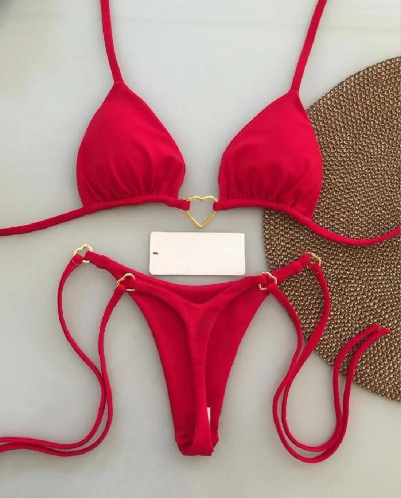 Sexy halter bikini set with Brazilian thong bottoms – women’s two-piece solid color swimwear