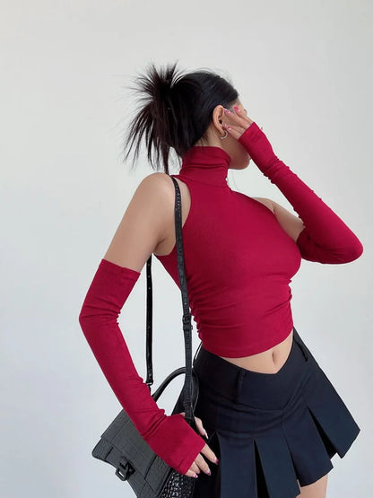 Sexy high neck pleated sleeveless crop tank top for women, Y2K clubwear and streetwear
