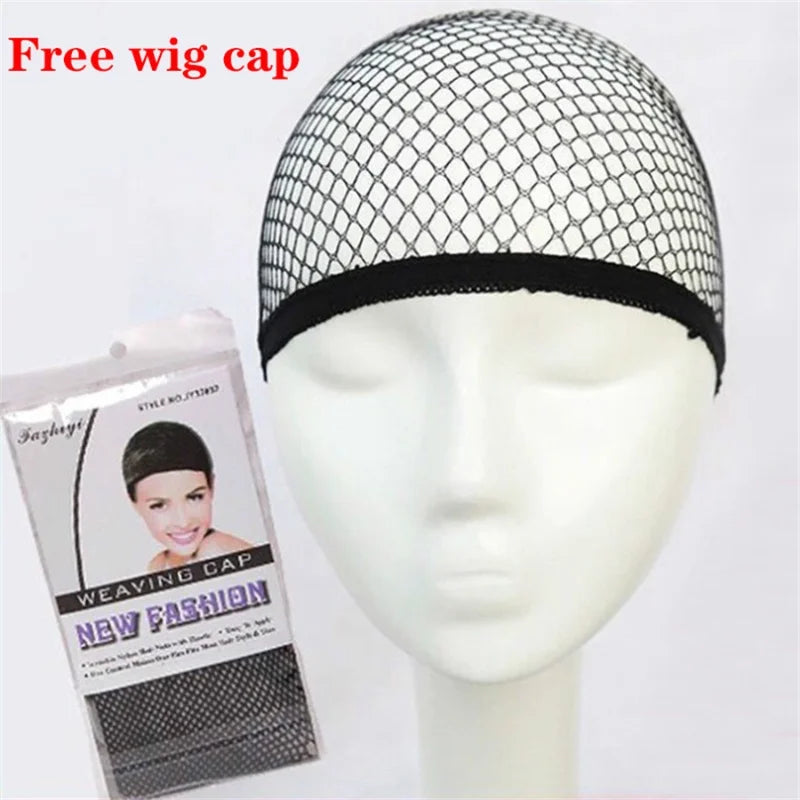 Black mesh wig cap on a mannequin head with packaging labeled 'Free wig cap' on a white background.
