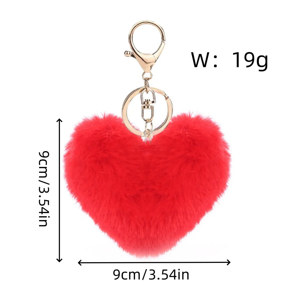 Red heart-shaped fluffy keychain with gold ring and measurements on a white background