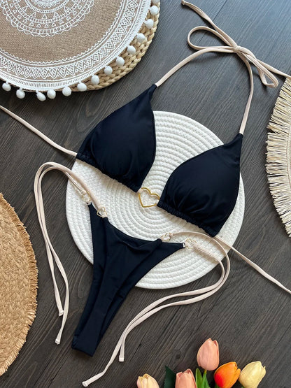 Sexy halter bikini set with Brazilian thong bottoms – women’s two-piece solid color swimwear
