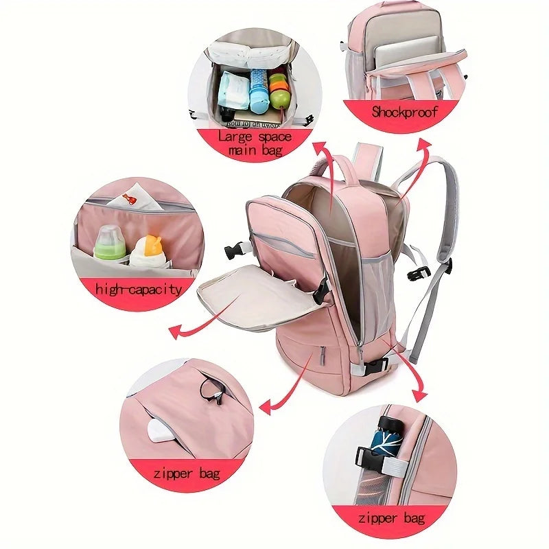 Pink backpack with various compartments and features highlighted on a white background