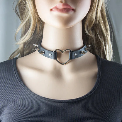 ShadowBelle PU leather punk choker set with bell, spikes, and rivets for goth and BDSM cosplay