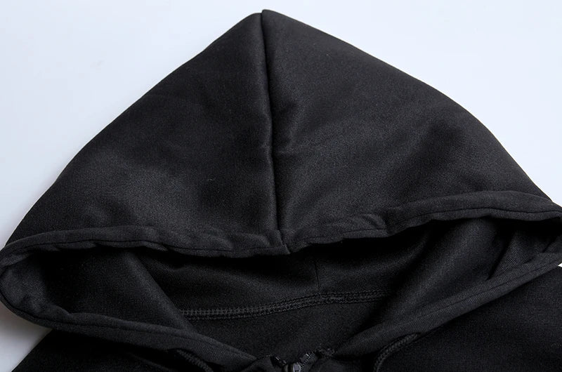 Close-up of a black hoodie on a white background