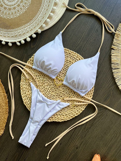 Sexy halter bikini set with Brazilian thong bottoms – women’s two-piece solid color swimwear