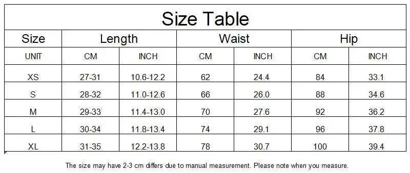Size chart for clothing with measurements in centimeters and inches.