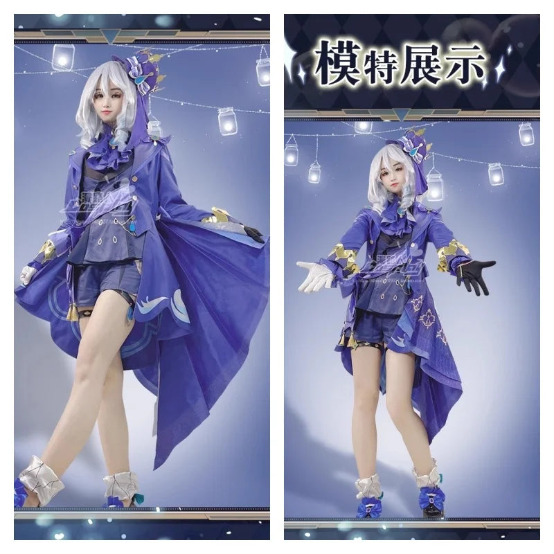 Character in a purple outfit with decorative elements on a blue background
