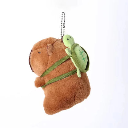 Plush keychain with a turtle on a bear's back against a white background