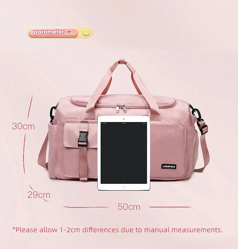 Pink travel bag with dimensions indicated on a pink background