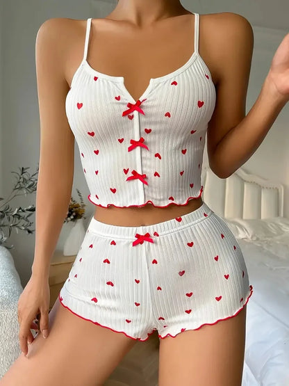 Women’s Heart Print Pajamas Set – Soft Ribbed Fabric Cami Top & Shorts with Flirty Frill Trim