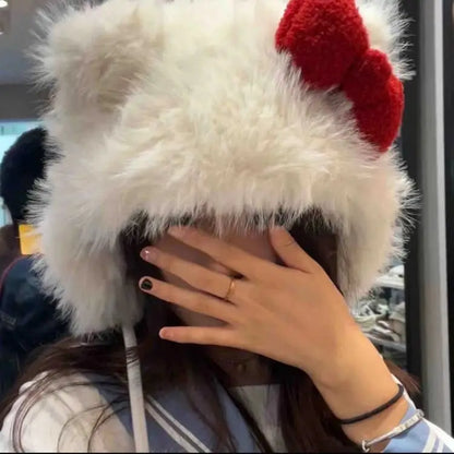 Hello Kitty Plush Bomber Hat – Kawaii Winter Cozy Cap