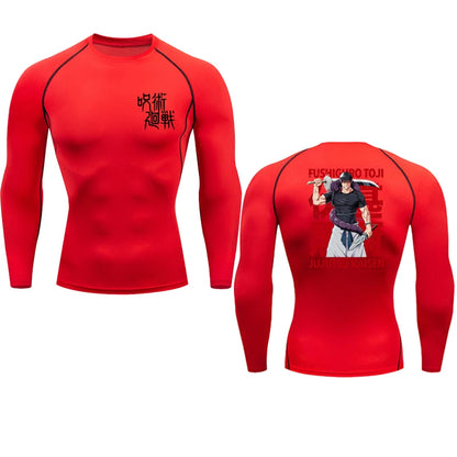 Red long-sleeve athletic shirt with black accents and graphic design on a white background