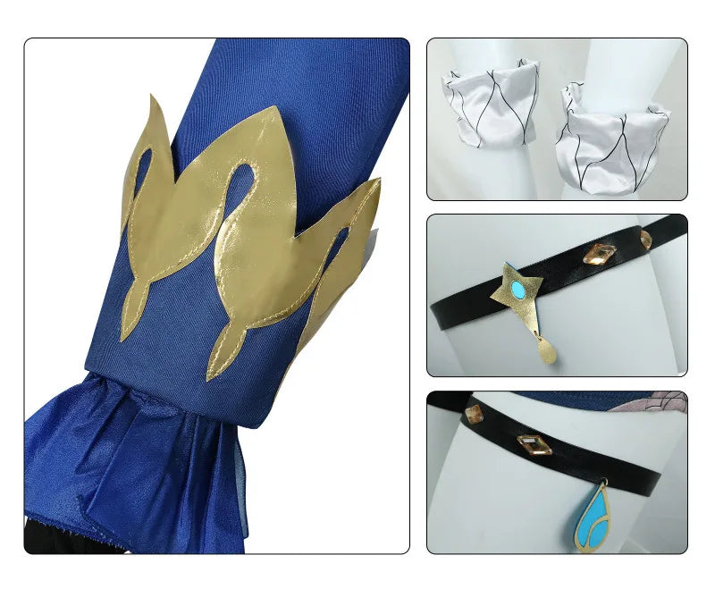 Blue and gold costume with decorative elements on a white background