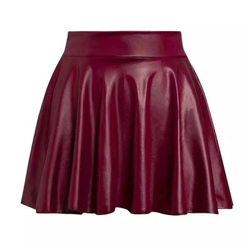 High waist faux leather mini skirt for women – black stretch skater skirt styled for clubwear, work, or casual nights out
