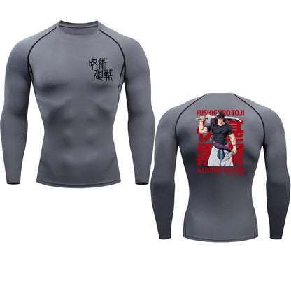 Gray long-sleeve shirt with black text on front and back design on a white background