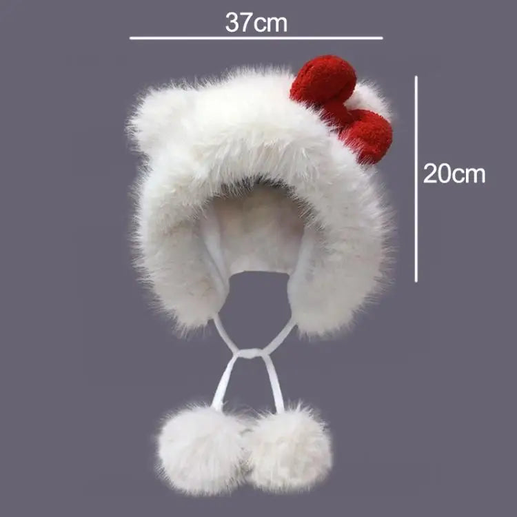 White fur hat with red and white pom-poms and measurements on a gray background