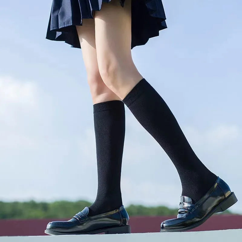 Black and white knee-high Lolita socks for women, thin breathable over-the-knee stockings