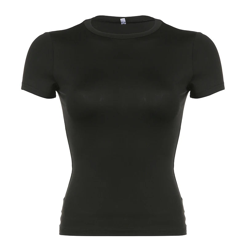 Women’s Y2K solid crop top with short sleeves and crewneck, skinny casual summer tee