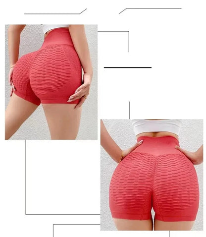 Red high-waisted shorts with a textured pattern on a plain background