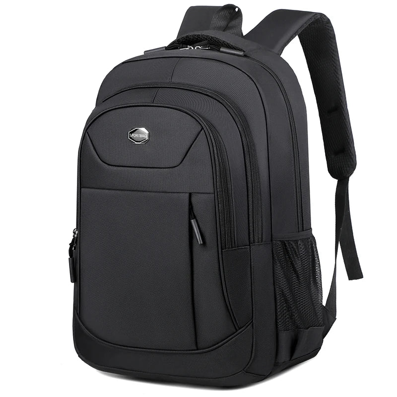 Black backpack with a visible brand logo on a white background
