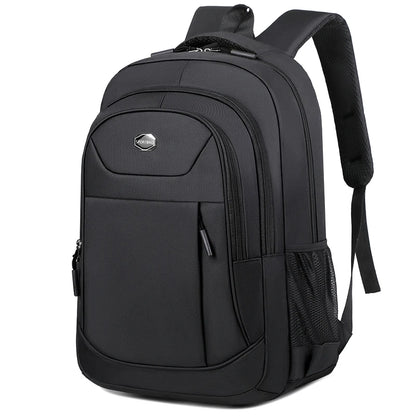 Black backpack with a visible brand logo on a white background