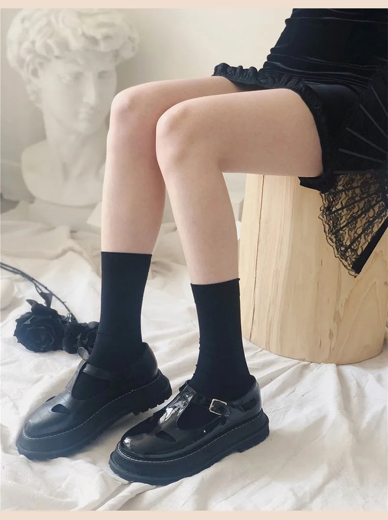 Black and white knee-high Lolita socks for women, thin breathable over-the-knee stockings