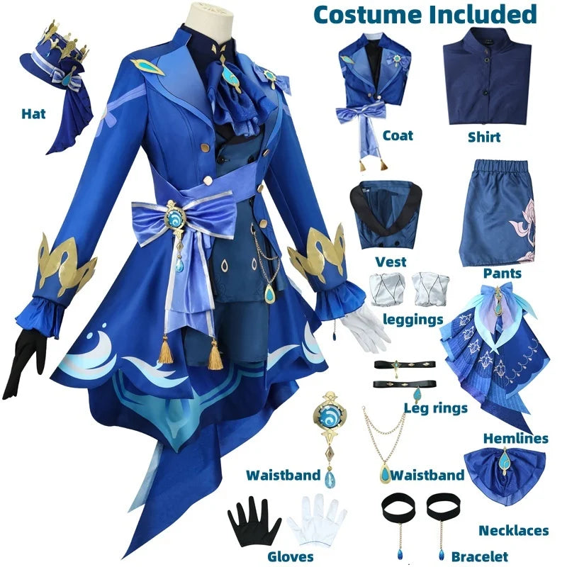 Blue costume with various components labeled on a white background