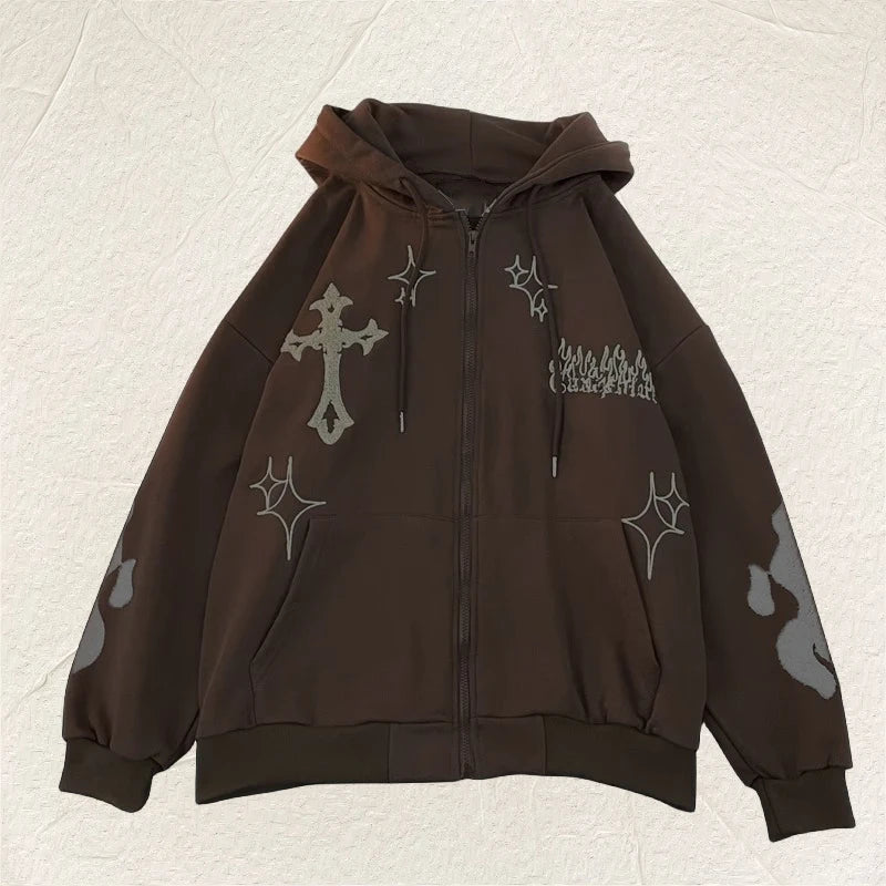 Brown hoodie with star and cross designs on a light beige background