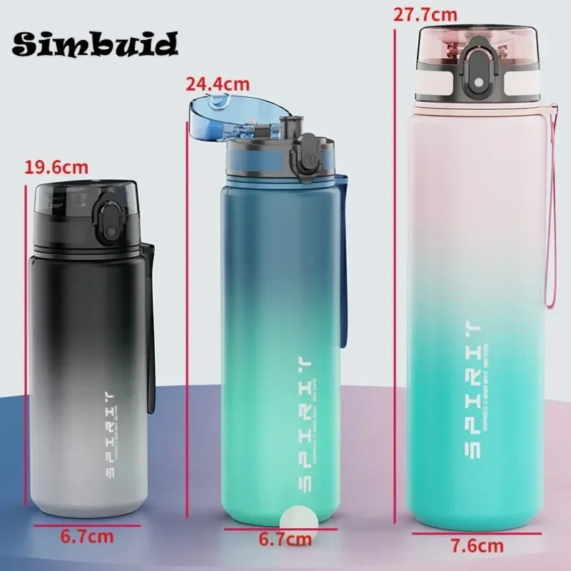 Three water bottles with measurements on a light gray background, featuring the brand 'Simbuid'.