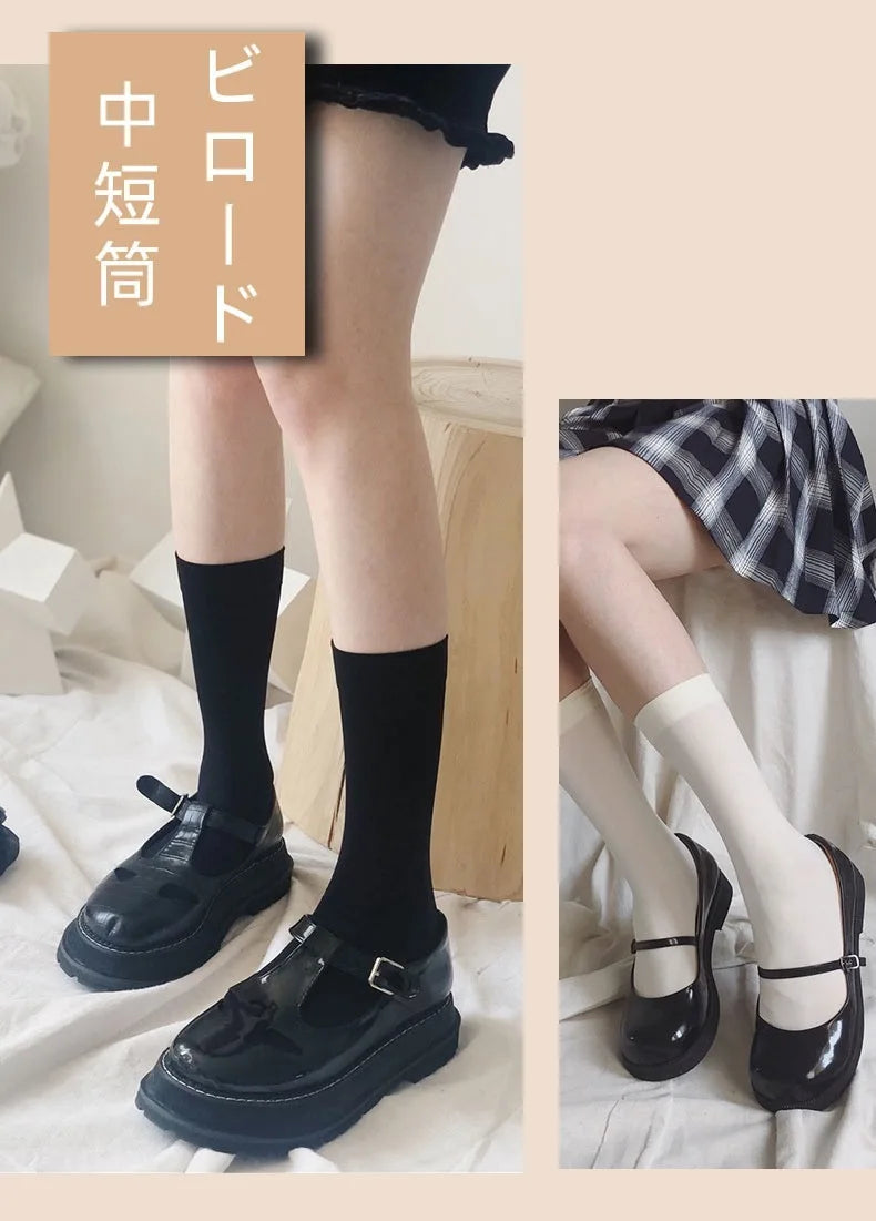 Black and white knee-high Lolita socks for women, thin breathable over-the-knee stockings