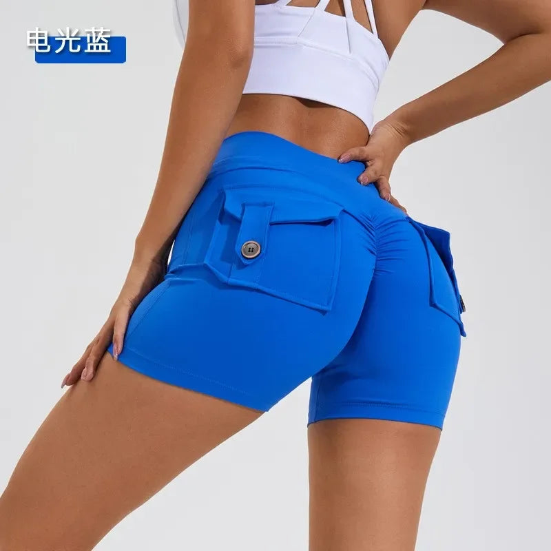Women’s peach butt cargo yoga pants with air-dry pockets – breathable three-quarter fitness shorts