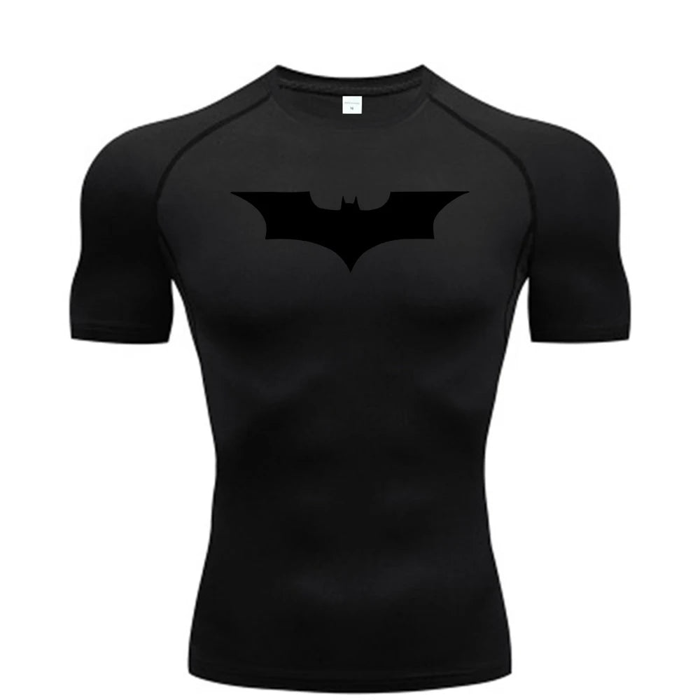 Black t-shirt with a bat symbol on a white background