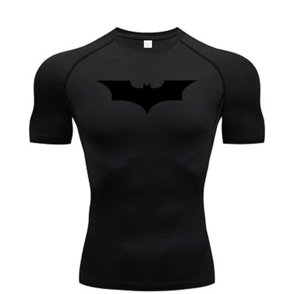 Black t-shirt with a bat symbol on a white background