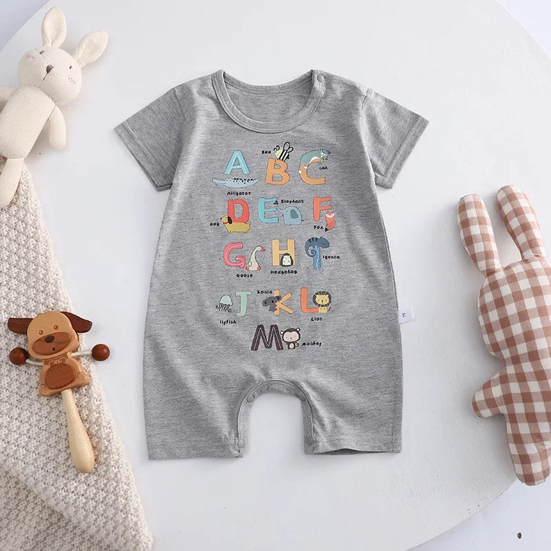 Cotton baby bodysuit with short sleeves, breathable fabric, and snap closure for newborns and infants – perfect summer babywear