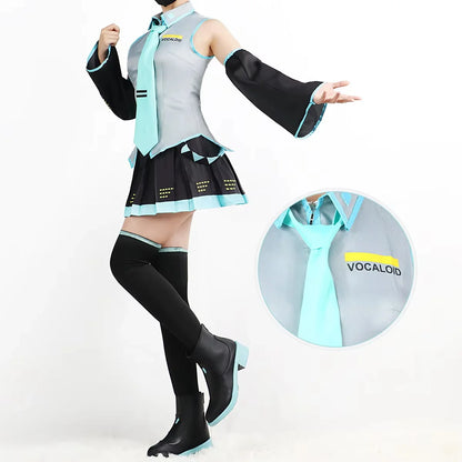 Person wearing a costume with Vocaloid branding on a white background