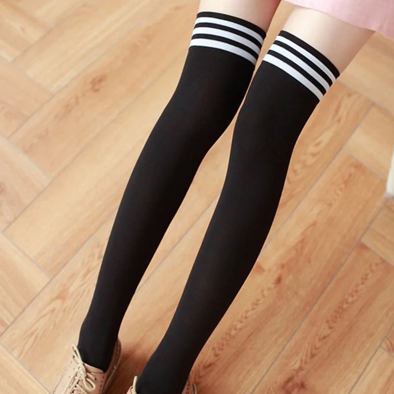 Women’s thigh high striped nylon socks, sexy over-the-knee long stockings, and leg warmers