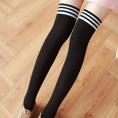 Women’s thigh high striped nylon socks, sexy over-the-knee long stockings, and leg warmers