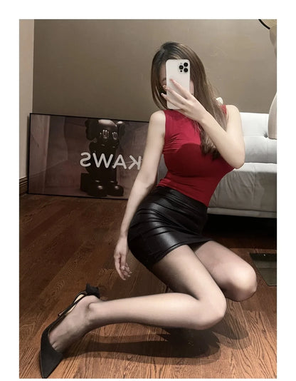 Women’s matte PU leather slim mini skirt high waist Korean streetwear nightclub fashion