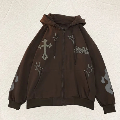 Brown hoodie with star and cross designs on a light beige background