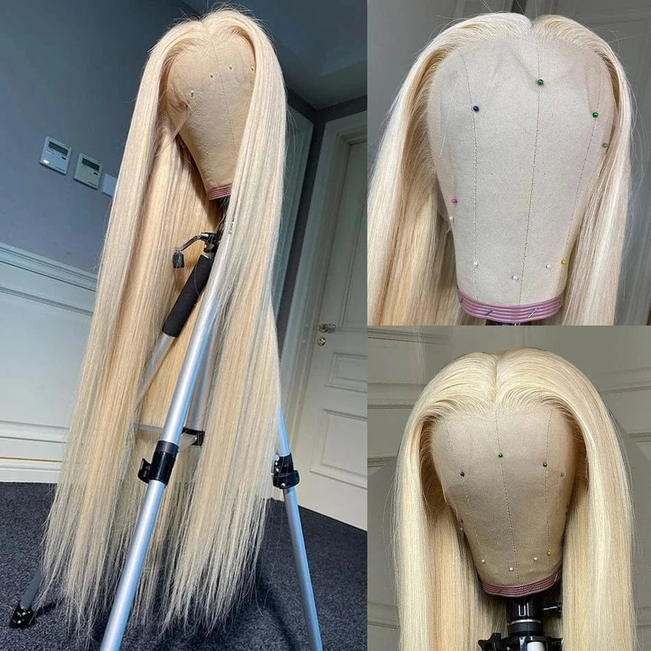 Blonde wig on a mannequin head with a tripod stand, displayed from different angles.