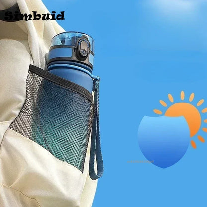 Blue water bottle with black mesh pouch against a blue sky with sun graphic