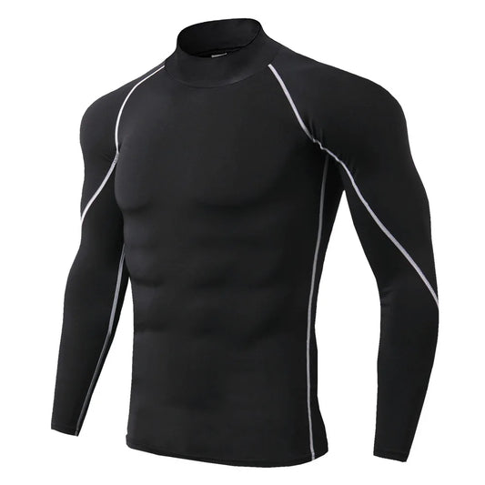 Black long-sleeve athletic shirt with white accents on a white background