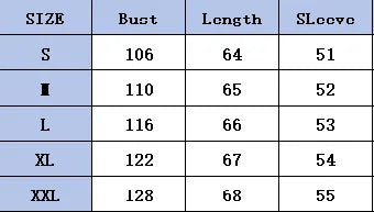 Table showing measurements for different sizes of a garment with columns for Bust, Length, and SLccve.