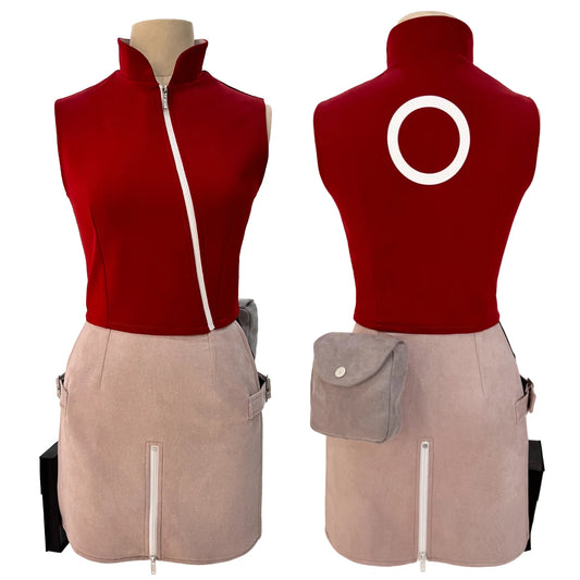 Haruno Sakura Cosplay Set – Anime Costume with Top, Skirt, Shorts & Pouch